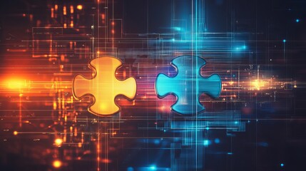 Poster - abstract digital puzzle pieces technology concept futuristic innovation solution golden blue network