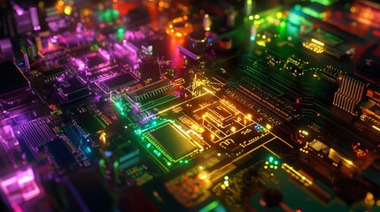 Poster - Abstract Circuit Board Technology Background Digital Art Vibrant Neon Colors Futuristic Design Glowing Lines Electronic Components Detailed Illustration High Resolution Image Modern Technology        