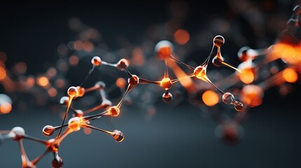 Poster - Abstract Molecular Structure Orange Glow Dark Background Science Technology Digital Art Network Connection Futuristic Design Innovation Research Elegant Graphic Illustration 3D Render Atoms Bonds     