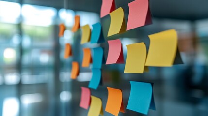 Aufkleber - Colorful sticky notes attached to a glass wall in an office environment with sunlight filtering through the window