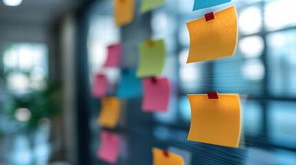 Aufkleber - Colorful sticky notes attached to a glass wall in an office environment with sunlight filtering through the window
