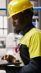 Poster - vertical video technician in industrial plant overseeing solar energy installation process, troubles