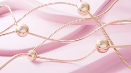 Poster - Elegant gold spheres connected by flowing lines on a pink background
