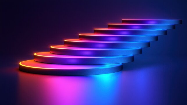 Neon steps glow ascending into the dark background