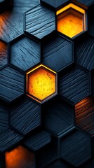 Poster - Abstract honeycomb with dark blue wooden cells & glowing orange centers