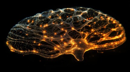 Poster - A neural grid shaped like a brain, with tiny electric charges lighting up each connection
