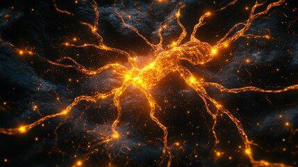 Poster - A neural grid shaped like a brain, with tiny electric charges lighting up each connection