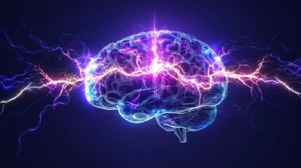 Poster - conceptual high-tech brain with electrical impulses flowing through synapse-like circuits