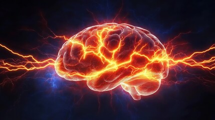 Poster - conceptual high-tech brain with electrical impulses flowing through synapse-like circuits