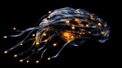 Poster - Tech-inspired brain composed of glowing fiber-optic cables and flowing electrical pulses