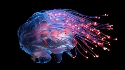 Poster - Tech-inspired brain composed of glowing fiber-optic cables and flowing electrical pulses
