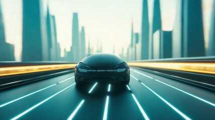 Poster - Futuristic Electric Car Driving Through a Neon Cityscape at Dusk