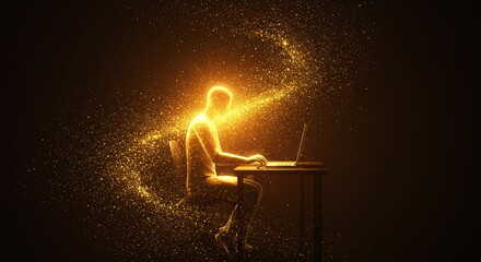 Golden light coding: Slender humanoid developer amid swirling, sparkling particles