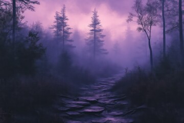  Enchanted Forest Stream in Purple Haze Mystical Landscape with Foggy Atmosphere Serene Nature