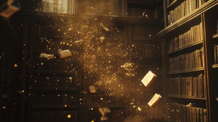 Poster - Dust particles floating in golden light in front of tall, old bookshelves full of history