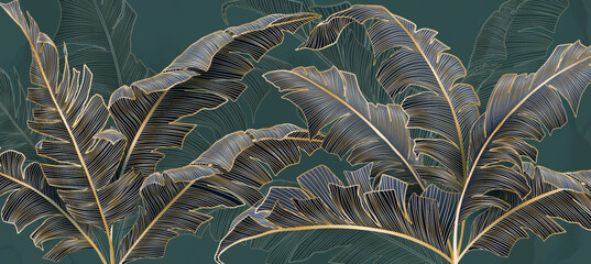 Wall Mural - luxury art background with hand drawn tropical leaves with line art elements. botanical banner for d