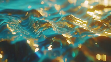 Poster - gentle waves of turquoise water reflecting golden shimmering light