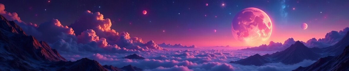 surreal cosmic landscape with glowing stars and planets, night, astronomy background