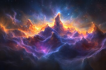 Wall Mural - Cosmic Mountainscape: Vibrant Nebula and Starry Night