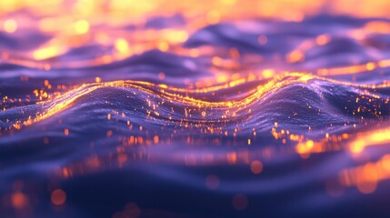 Poster - Abstract image displaying orange illuminated waves and particle lights