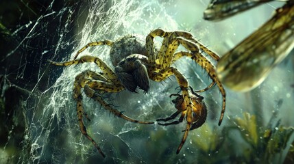 A large spider with intricate web patterns and a captured insect.