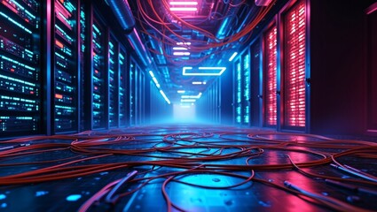 Poster - a high-tech data center bathed in neon light. The network cables create a mesmerizing pattern on the floor, and the servers glow with technological brilliance