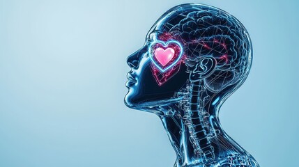 Poster - Futuristic female android with a glowing heart symbol in its head silhouette.