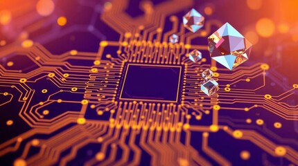 Poster - Digital circuit board with processor and crystal cubes for future tech