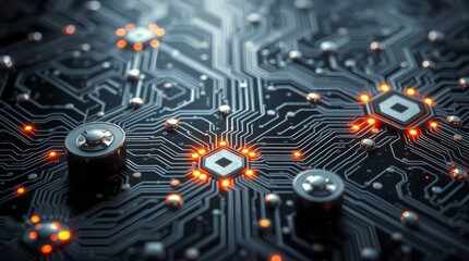 Poster - Futuristic circuit board with glowing components and intricate pathways design