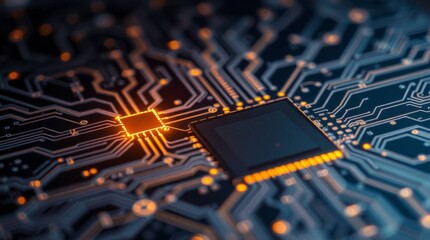 Poster - Futuristic glowing circuit board with microchips conveys high technology
