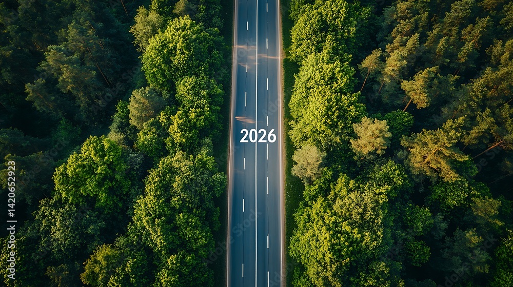 Aerial Road Through Forest with 2026 Overlay, Aerial view of a straight ...