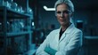 © Sirat - Confident scientist in laboratory setting, wearing protective eyewear and lab coat, standing among various scientific equipment and glassware, serious expression