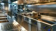 © Elzerl - Gleaming stainless steel surfaces in a professional restaurant kitchen dramatic lighting highlights spotless cleanliness closing hours concept.