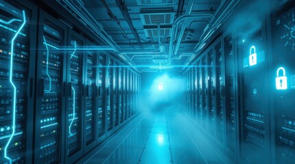 Aufkleber - Secure data center featuring servers with glowing lights and lock icons