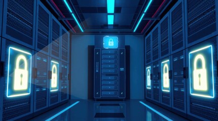 Poster - Secure data center with server racks and glowing lock icons protecting data
