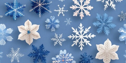 Sticker - Various intricate white snowflakes displayed on a vibrant blue background, perfect for winter-themed designs.