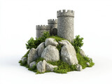 A small stone castle sits atop a rocky hill, surrounded by lush green grass and a few trees, giving it a fairytale-like appearance.