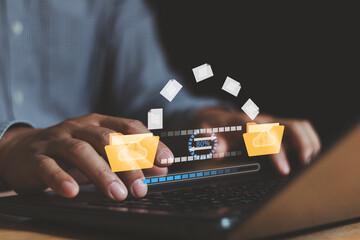 Fototapete - Businessman use computer laptop to cloud service to document management, digital file folder transfer. Transfer file business data backup system with internet cloud computing storage AI technology.