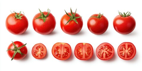 Wall Mural - Fresh red tomatoes lined up in a row on a clean white surface, bright natural lighting.