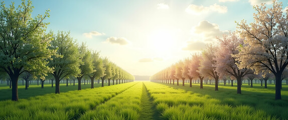 Poster - Photo realistic as Summer and Winter Orchard concept as Half tone summer and winter orchard landscape offering ample space for text or graphics symbolizing growth and dormancy. in Photo Stock Concept 