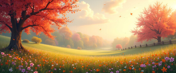 Poster - Photo Realistic Spring and Autumn Garden Landscape: Half Tone Design Symbolizing Bloom and Harvest, Ample Space for Text or Graphics, Perfect for Seasonal Themes.