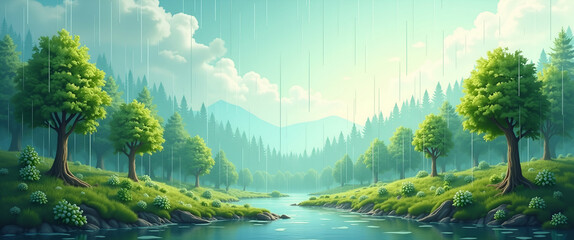 Poster - Photo Realistic View of Acid Rain Impact on a Healthy Forest: Whimsical Background Illustrating Pollution Effects and Ecosystem Resilience