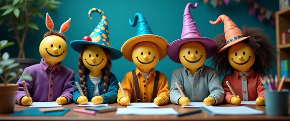 Poster - Photo Realistic: Enchanted Office Supplies Bring Smiles to the Workplace - A Whimsical Group of Happy People in a Magical Office Setting for Stock Photography