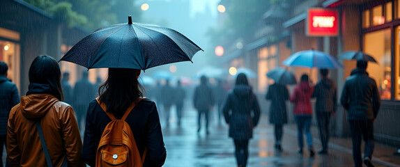 Poster - Photo Realistic: People with Umbrellas Observing Street Artists in Rain - Dreamy Background, Vibrant Artistic Scene, Ample Space for Text or Graphics, Rainy Season