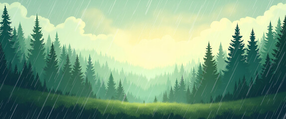 Poster - Photo realistic depiction of acid rain effects on a vibrant, healthy forest, whimsical background illustrating pollution impact and nature's resilience, ample space for text.