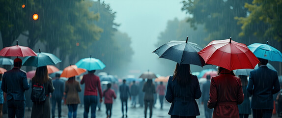 Poster - Vibrant Street Artists Under Rain: People with Umbrellas Enjoying Artistic Performances in a Dreamy Rainy Setting