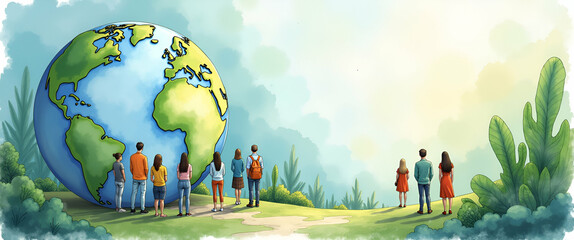 Poster - Photo Realistic: Diverse Group of People Creating Watercolor Earth and Climate Action Plans in a Fantastical Setting - Creative Climate Solutions