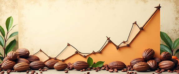 Poster - Photo realistic Cocoa Pods and Horizontal Chart concept on a whimsical background, showcasing steady cocoa commodity value with ample space for text or graphics.