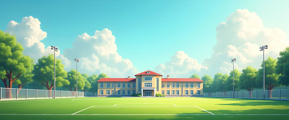 Poster - Photo realistic as School Building and Sports Field concept as A whimsical school building with a sports field set against a dreamy background offering ample space for text or graphics symbolizing the