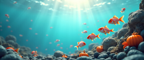 Poster - Photo Realistic Concept: The Rise and Fall of Fish Prices - A Whimsical Background Illustrating Market Dynamics with Space for Text and Graphics in Stock Photography